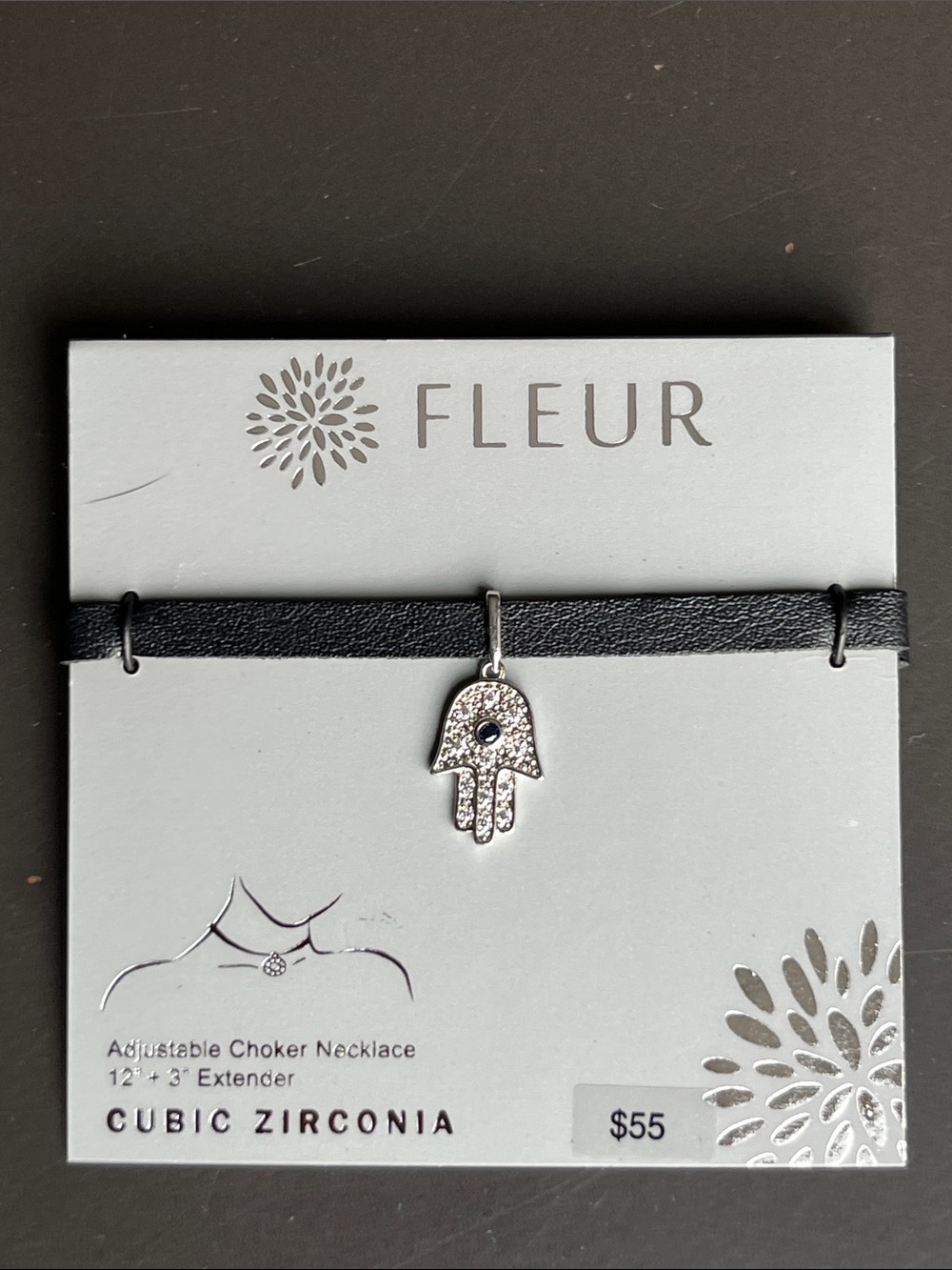 Fleur Hamsa Cubic Zirconia Choker with Black Necklace